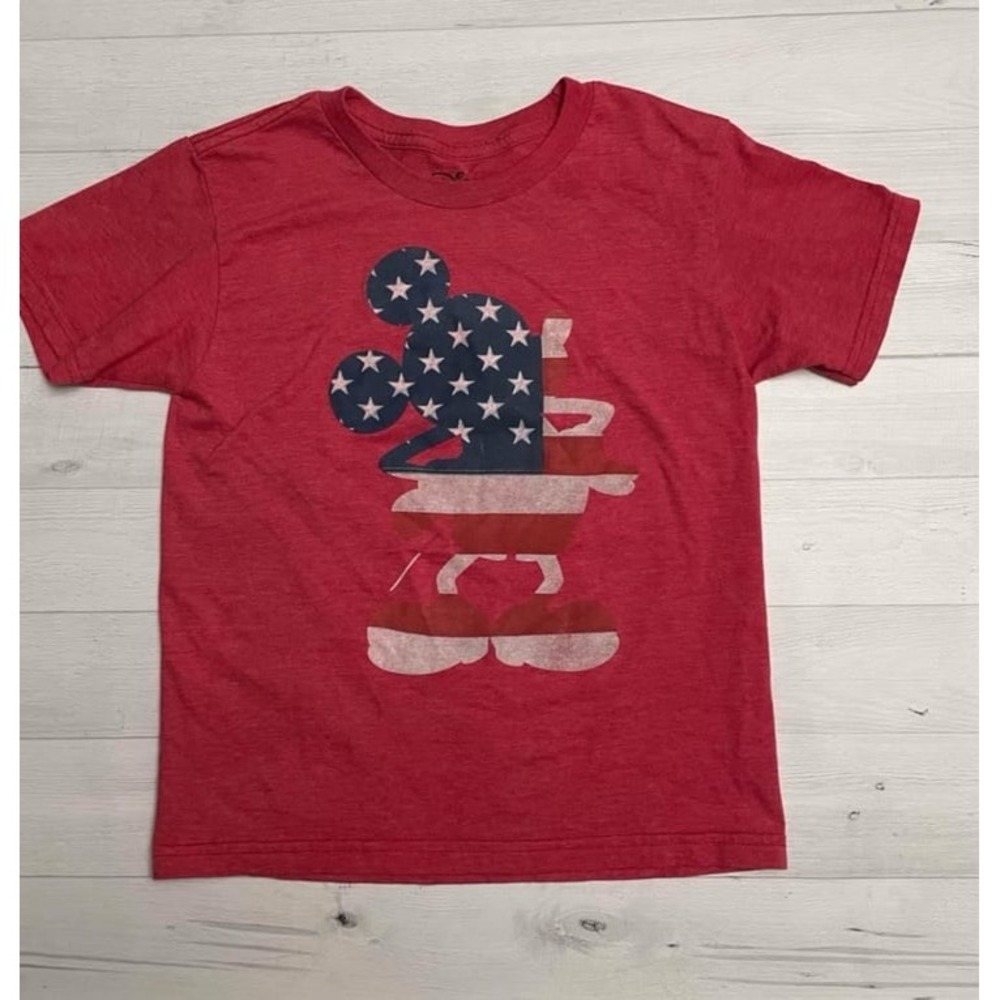 Disney kids red patriotic USA Mickey flag shirt youth small